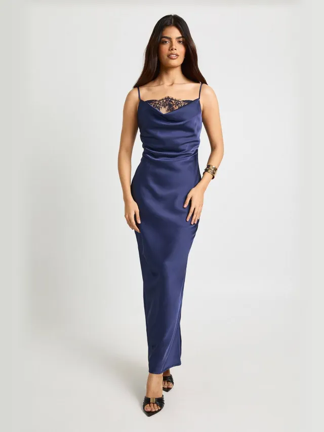 boohoo Dames Satijnkanten maxi slipjurk met cowl-hals Midnight Blue