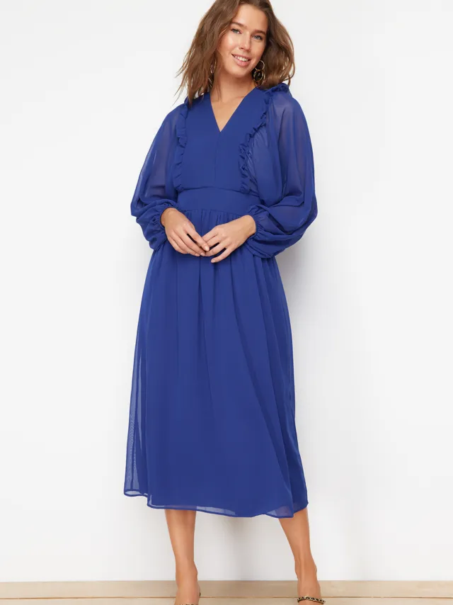 Trendyol Modest Dames Blauw Effen Maxi Lang Casual A-lijn Modest Jurken Kobaltblauw