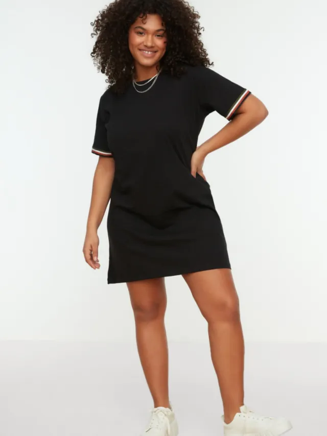 Trendyol Curve Dames Zwart Effen Kort / Mini Kort Casual Recht Grote maten Jurk