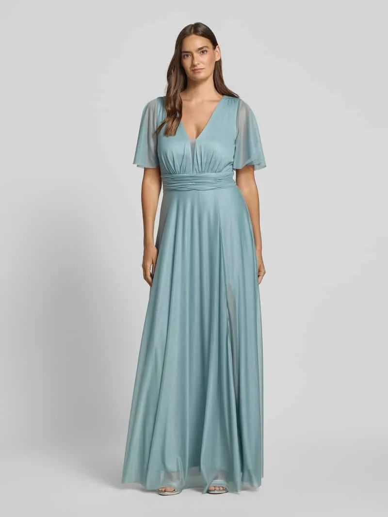 Christian Berg Cocktail Schitterende maxi-jurk met V-hals en tailleband Jeansblauw