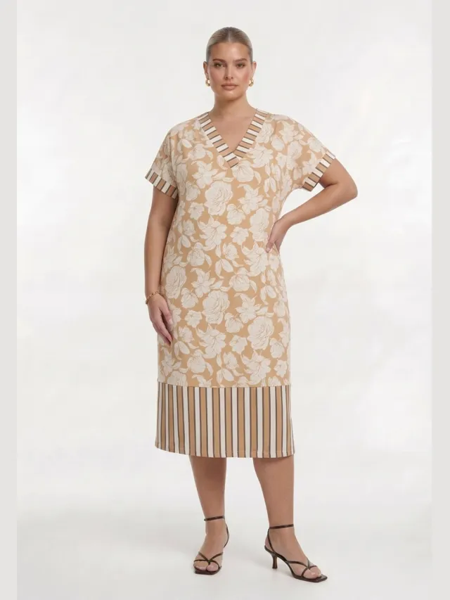 Yoek Dress FLOWER STAMP | Lichtbruin