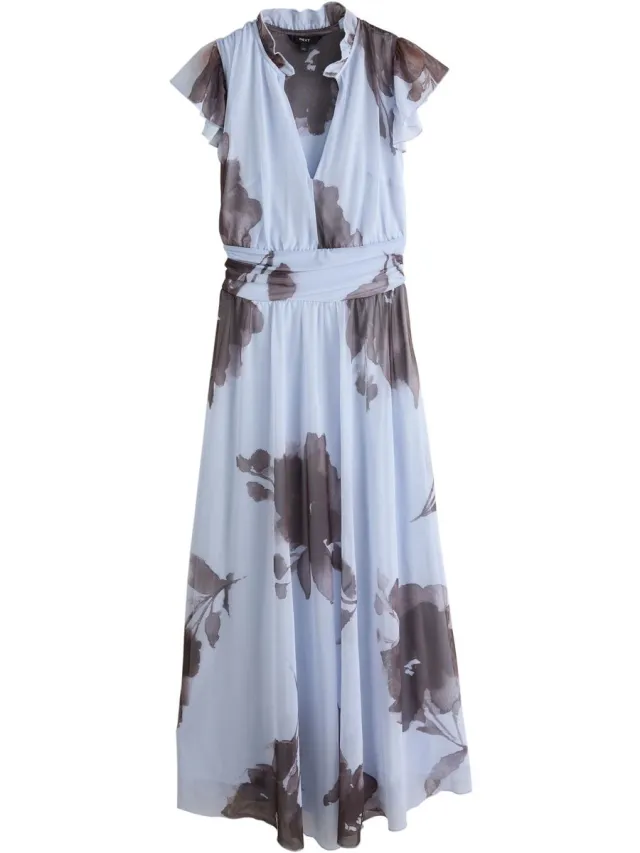 Next Dames - Lange jurk met plooien, mesh en V-hals voor speciale gelegenheden - Tall - Blauw Blue Floral Print