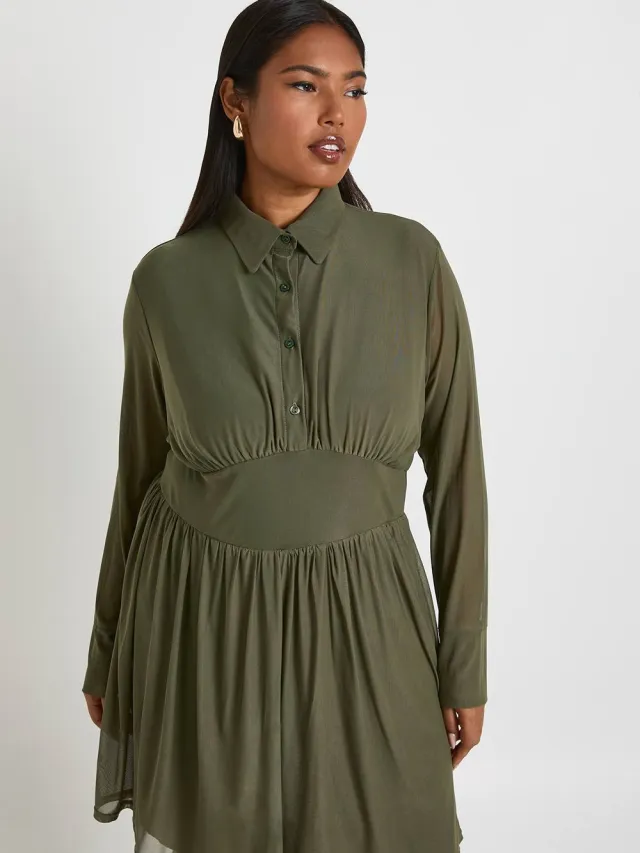boohoo Dames Plus Mesh Skater Jurk met Kraag Kaki
