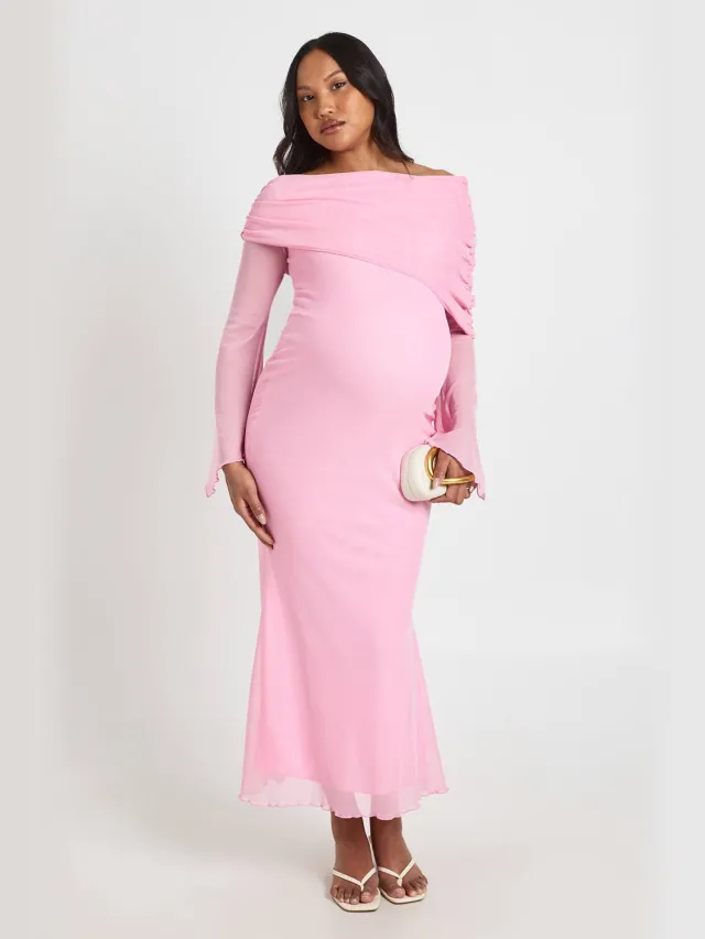 boohoo Dames Zwangerschaps Mesh Bardot Maxi Jurk Baby Roze