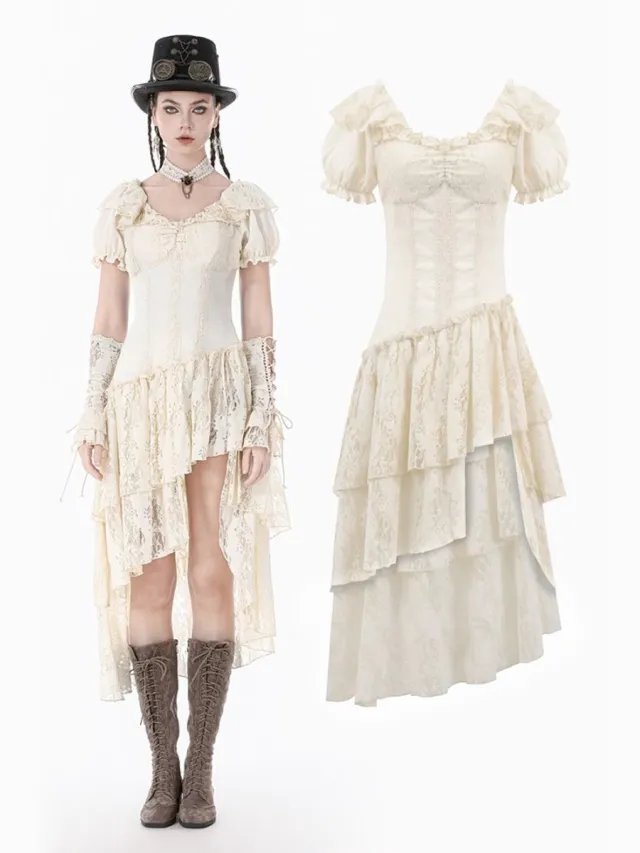 Dark In Love Steampunk Layered Ruffle asymmetrical High low jurk - M - Creme