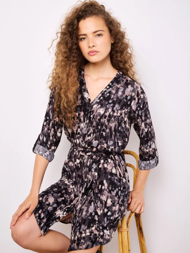 Apricot Abstract Brushstroke Shirt Mini Dress Grey