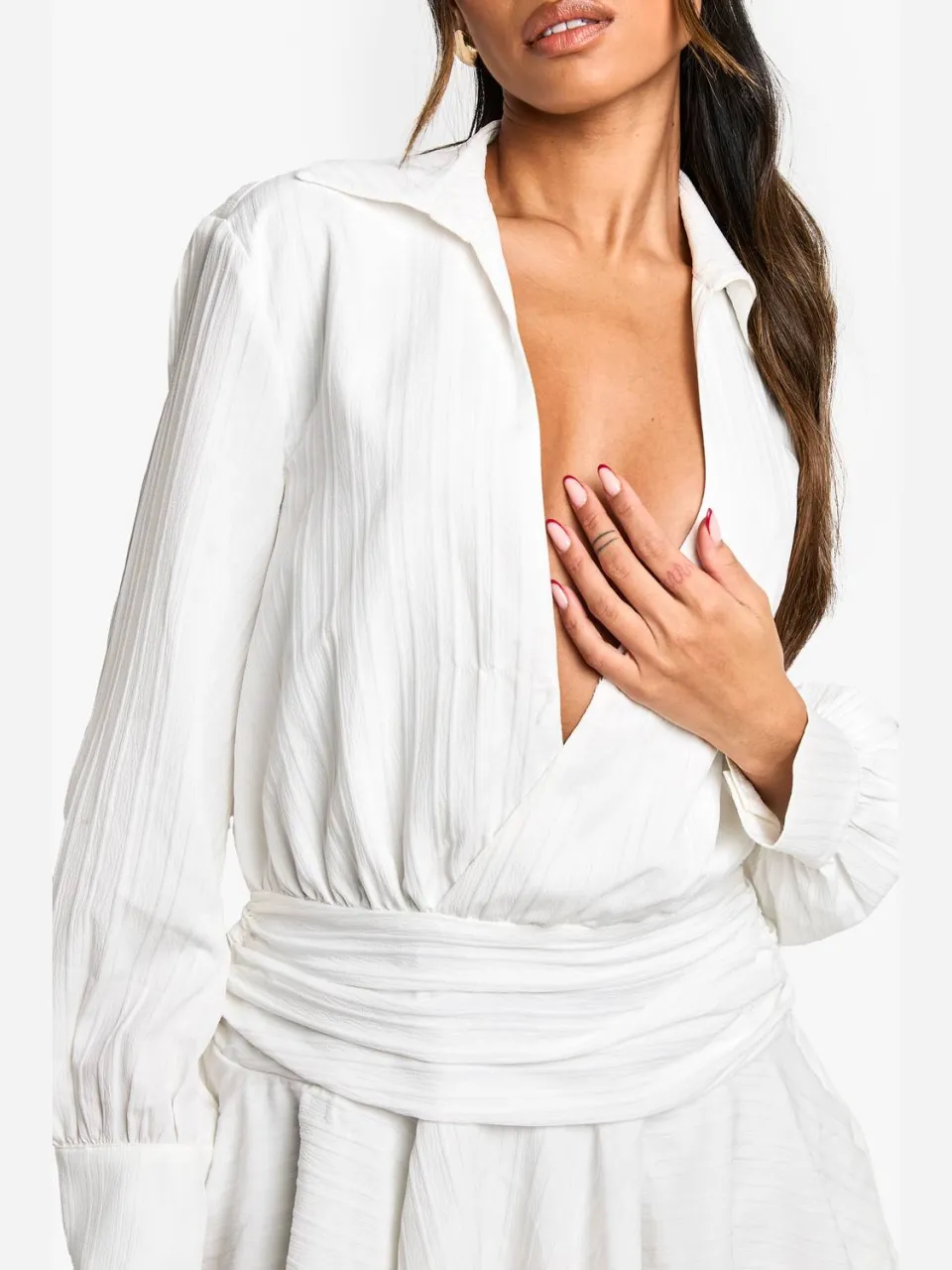boohoo Dames Mini-jurk met getextureerde, gerimpelde rok met franjes wit, foto 3