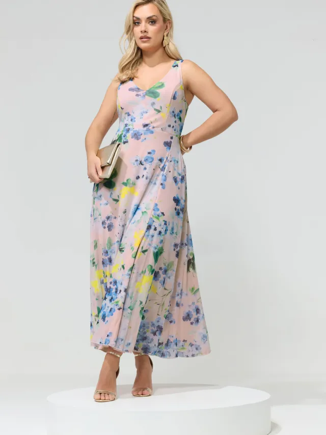 Yours London Maxi Jurk Van Mesh Met Bloemenmotief In Lichtroze/Blauw Pink