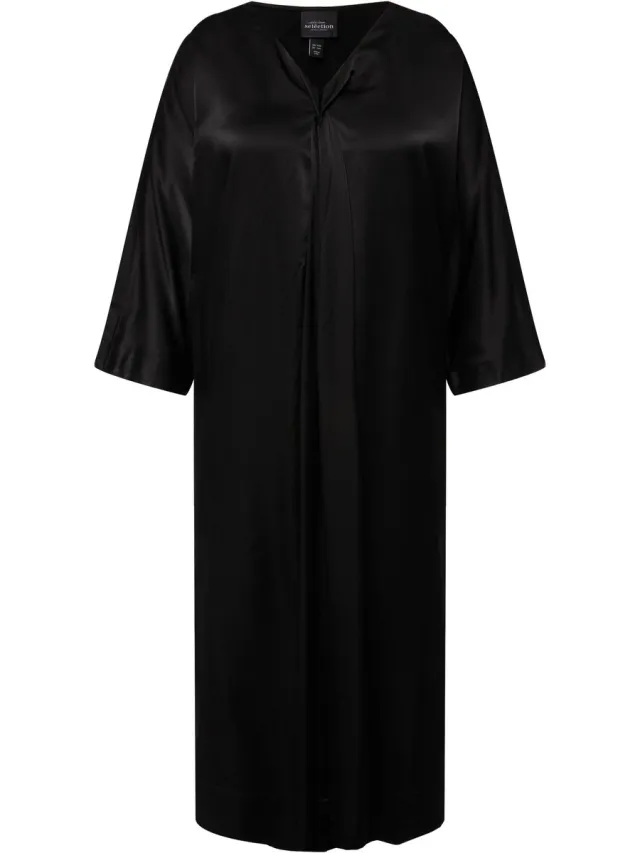 Ulla Popken Dames - midi jurk satijn V-hals korte mouwen zakken - Zwart - Maat 46+