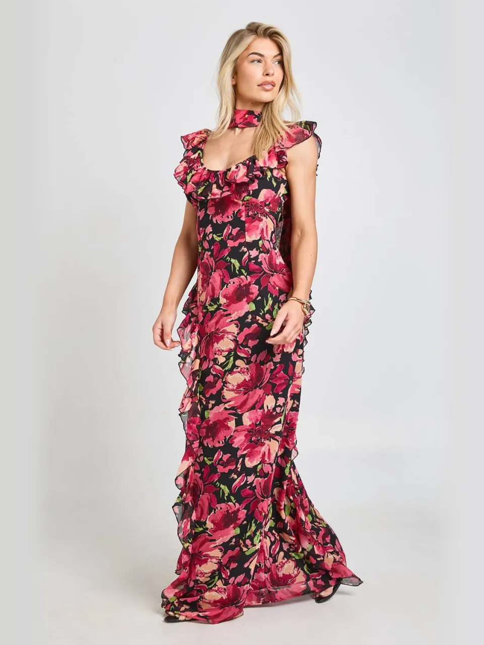 boohoo Dames Maxi Jurk Met Bloemenprint, Ruches En Sjaal roze, foto 3