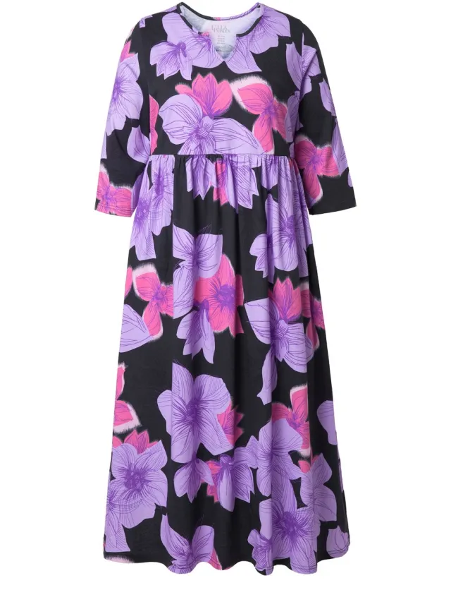 Ulla Popken Dames - Jersey maxi-jurk bloemen A-lijn 3/4-mouw - Zwart - Maat 58+