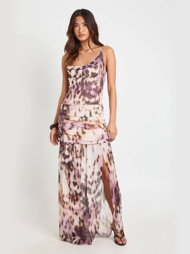 boohoo Dames Maxi Jurk Met Vervaagde Luipaardprint Mesh Gekruiste Rug Detail En Uitlopende Zoom Violet