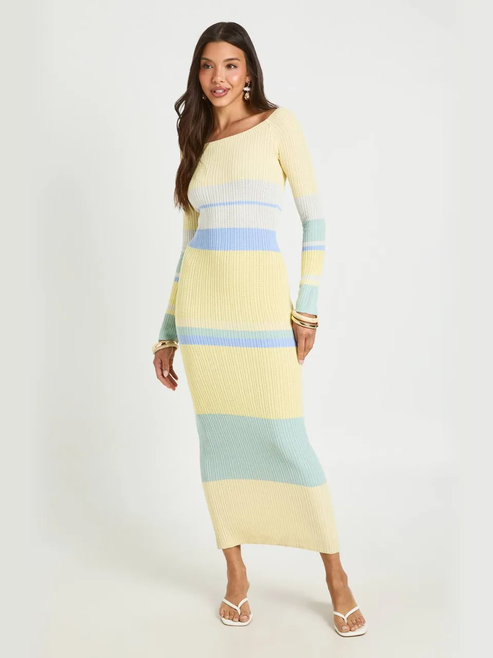 boohoo Dames Premium Gestreepte Gehaakte Maxi Jurk citroen, foto 3