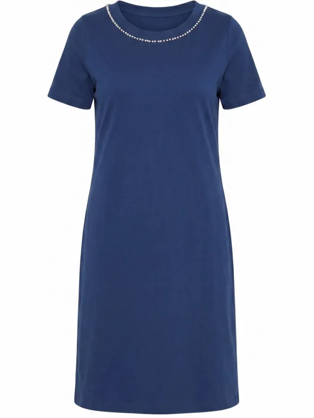 MIAMODA Dames - Jersey jurk A-lijn sierkraaltjes korte mouwen - Donkerblauw