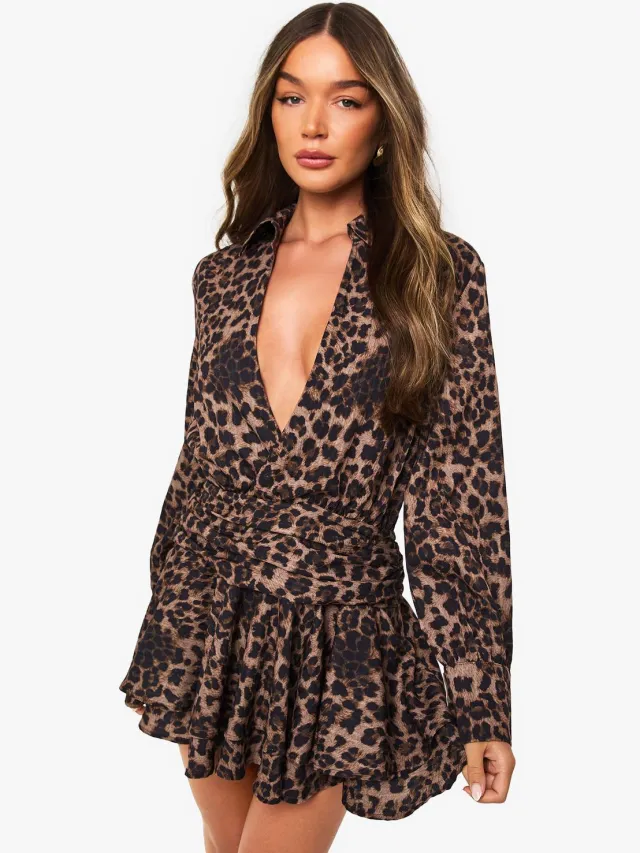 boohoo Dames Minijurk met luipaardprint, geroffleerd en met franjes