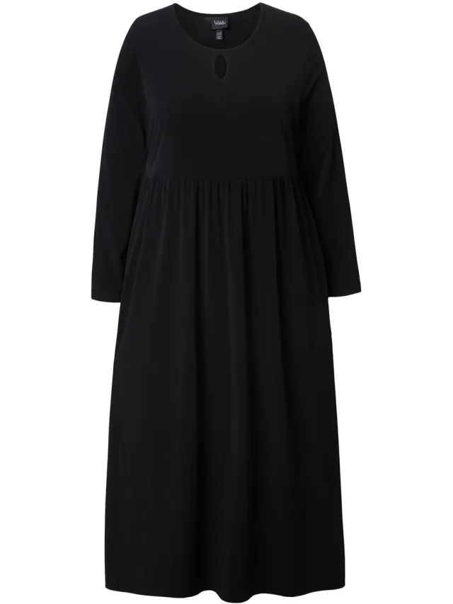 Ulla Popken Dames - Maxi-jurk A-lijn ronde hals lange mouw zakken - Zwart - Maat 58+