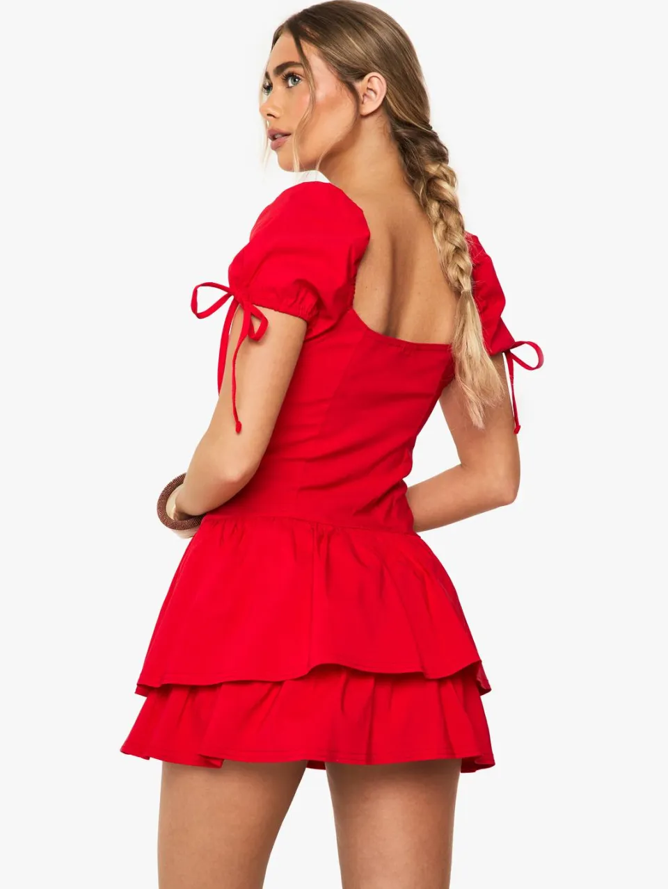 boohoo Dames Frill Puff Sleeve Milkmaid Mini Jurk rood, foto 2