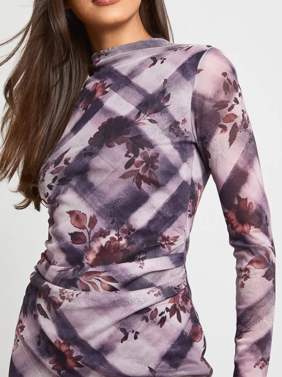 boohoo Dames Geruit Mesh Mini-jurkje Met Gerimpelde Taille violet, foto 4