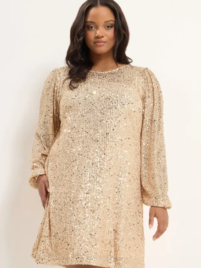 Yours Gouden Jurk Met Allover Pailletten, foto 3
