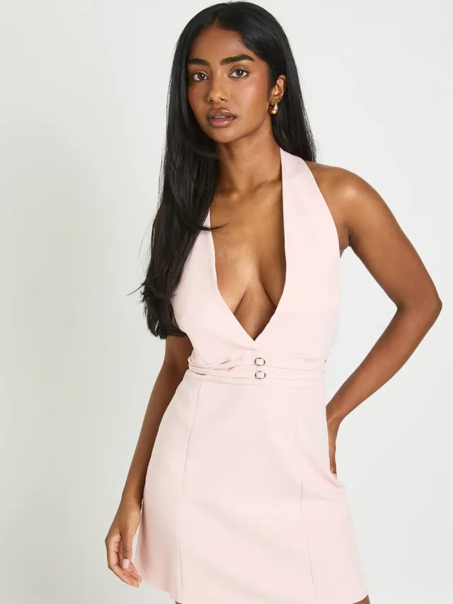 boohoo Dames Getailleerde Halternek Mini Jurk Met Detail Afwerking Baby Roze