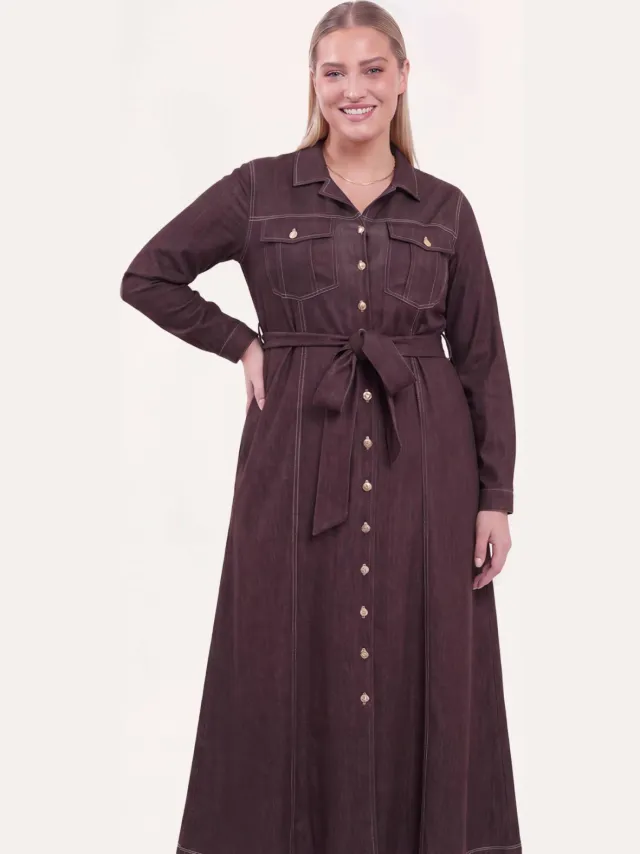 Yoek Denim Brown midi-jurk bruin