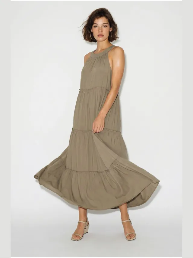Bianco Lucci Dames Halter Maxi Jurk Kaki