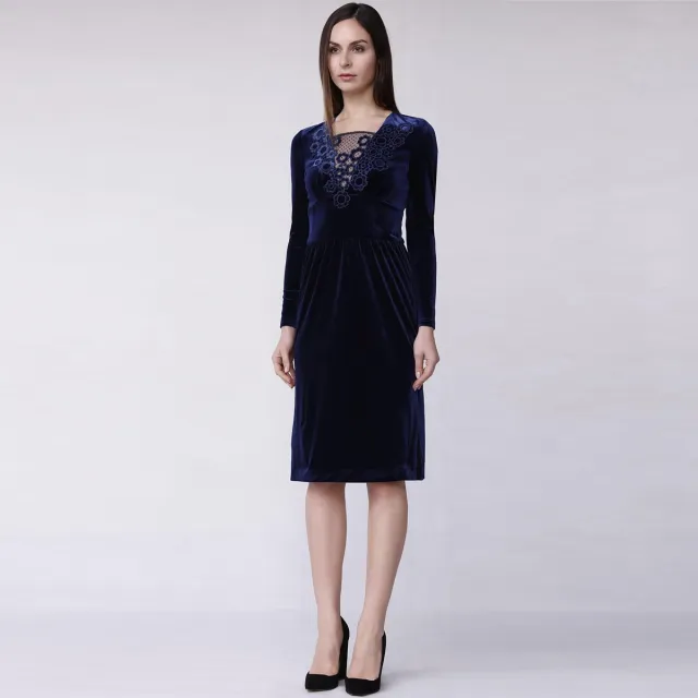 Smart & Joy Kanten halslijn fluwelen jurk Blauw