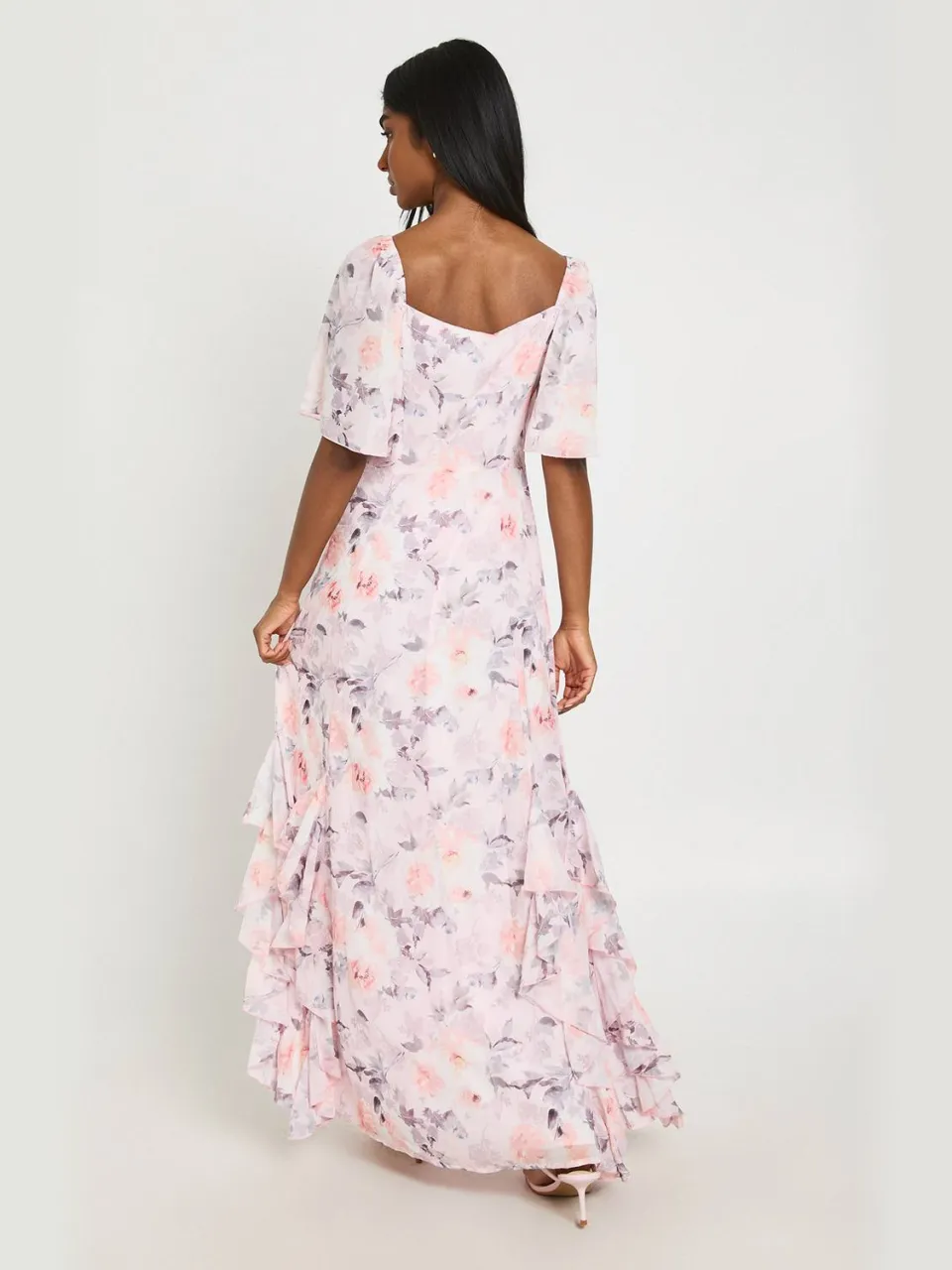 boohoo Dames Gebloemde Chiffon Maxi Jurk Met Halve Mouwen En Ruches lichtroze, foto 4