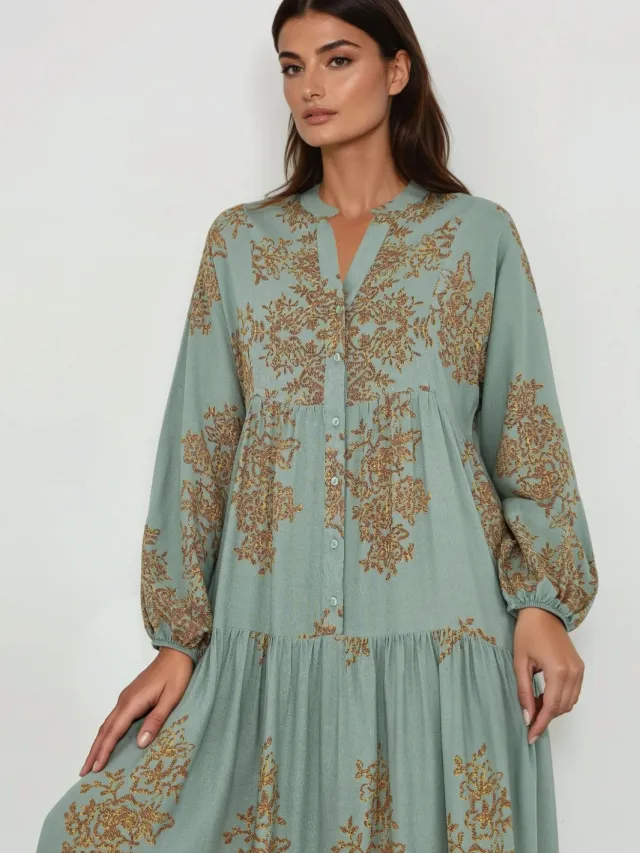 Hiccup Geprinte Viscose Maxi-jurk met Hemd-kraag mint, foto 2