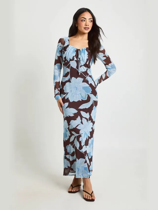 boohoo Dames Bloemenprint Mesh Melkmeid Maxi Jurk Chocoladebruin