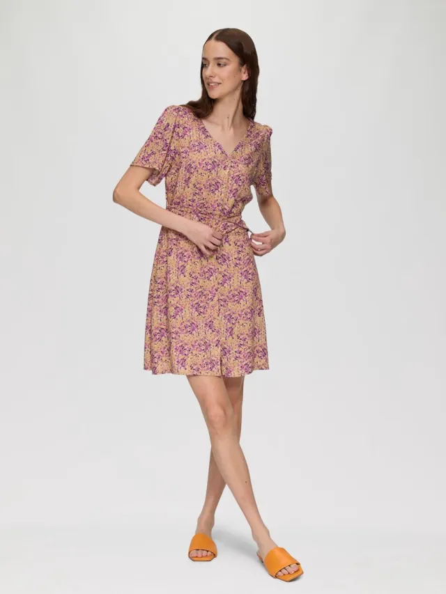 QS female - Luchtige viscose jurk met een all-over print lichtbruin