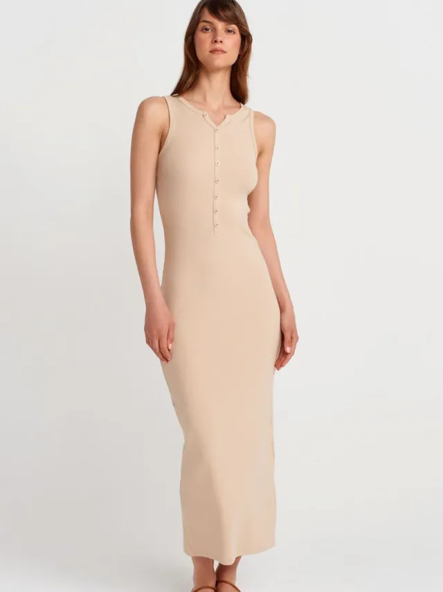 Dilvin Geribbelde Katoenmix Mouwloze Maxijurk Beige