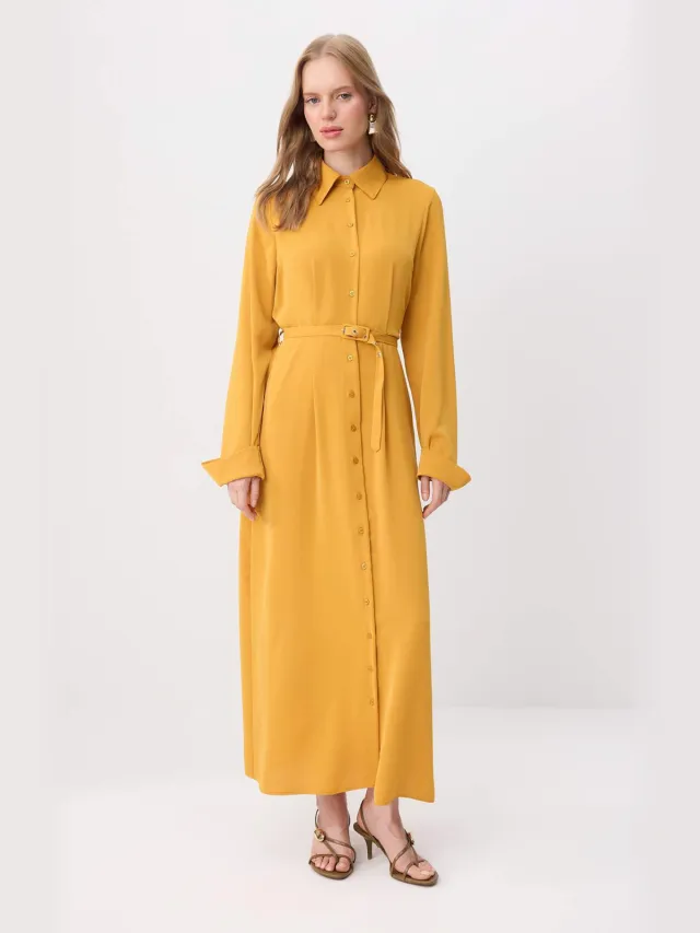 Trendyol Modest Dames Geel Effen Maxi Lang Casual Skater Modest Jurken