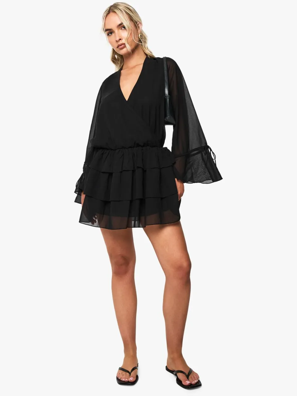 boohoo Dames Chiffon langarm mini-jurk zwart, foto 3
