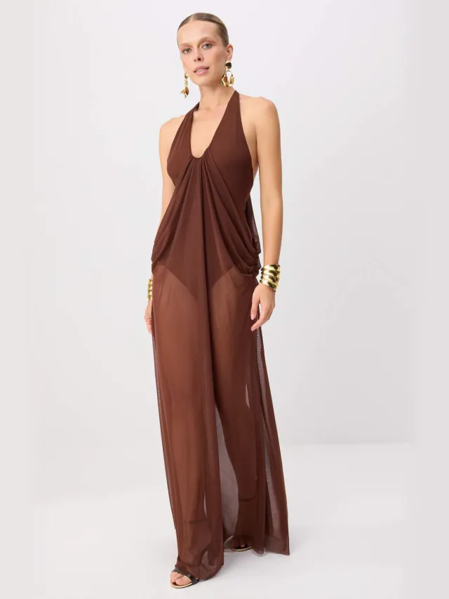 Trendyol TRENDYOLMİLLA Dames Bruin Effen Maxi Mouwloos A-lijn Avond & Gala Jurk