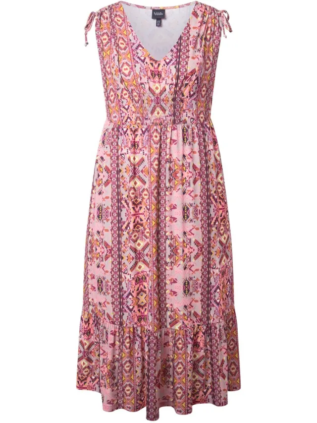 Ulla Popken Dames - Maxi-jurk grafische print V-hals mouwloos - Roze - Maat 46+