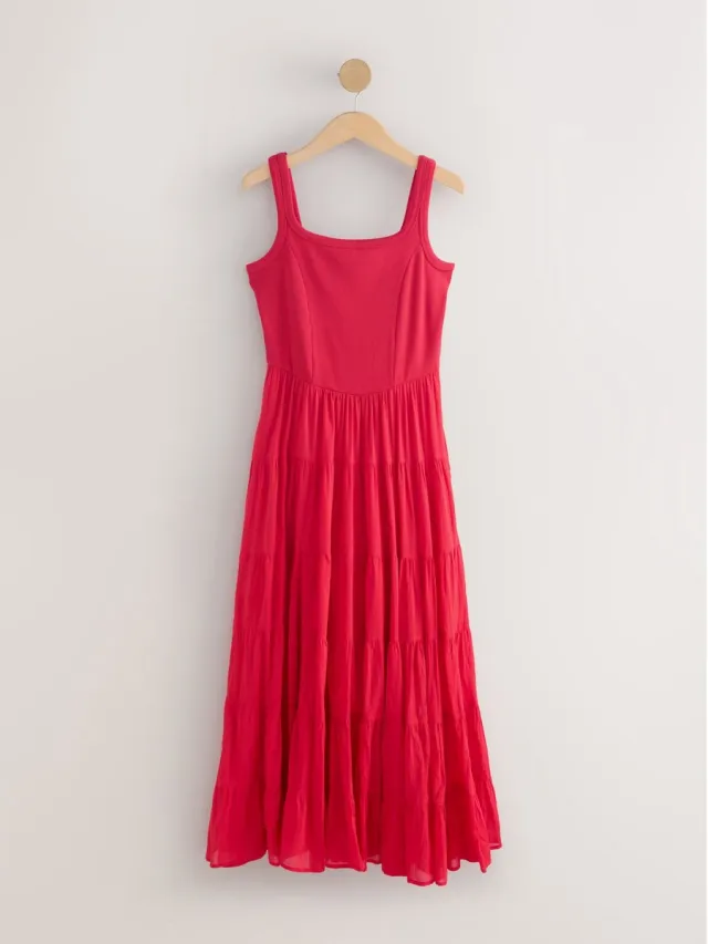 Next Dames - Mouwloze geribbelde midi-jurk met vierkante hals - Rood Red