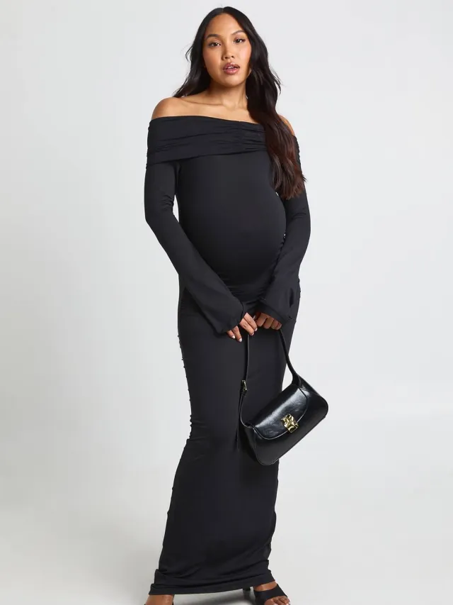 boohoo Dames Zwangerschaps Bardot Geplooide Maxi Jurk Met Wijde Mouwen Zwart