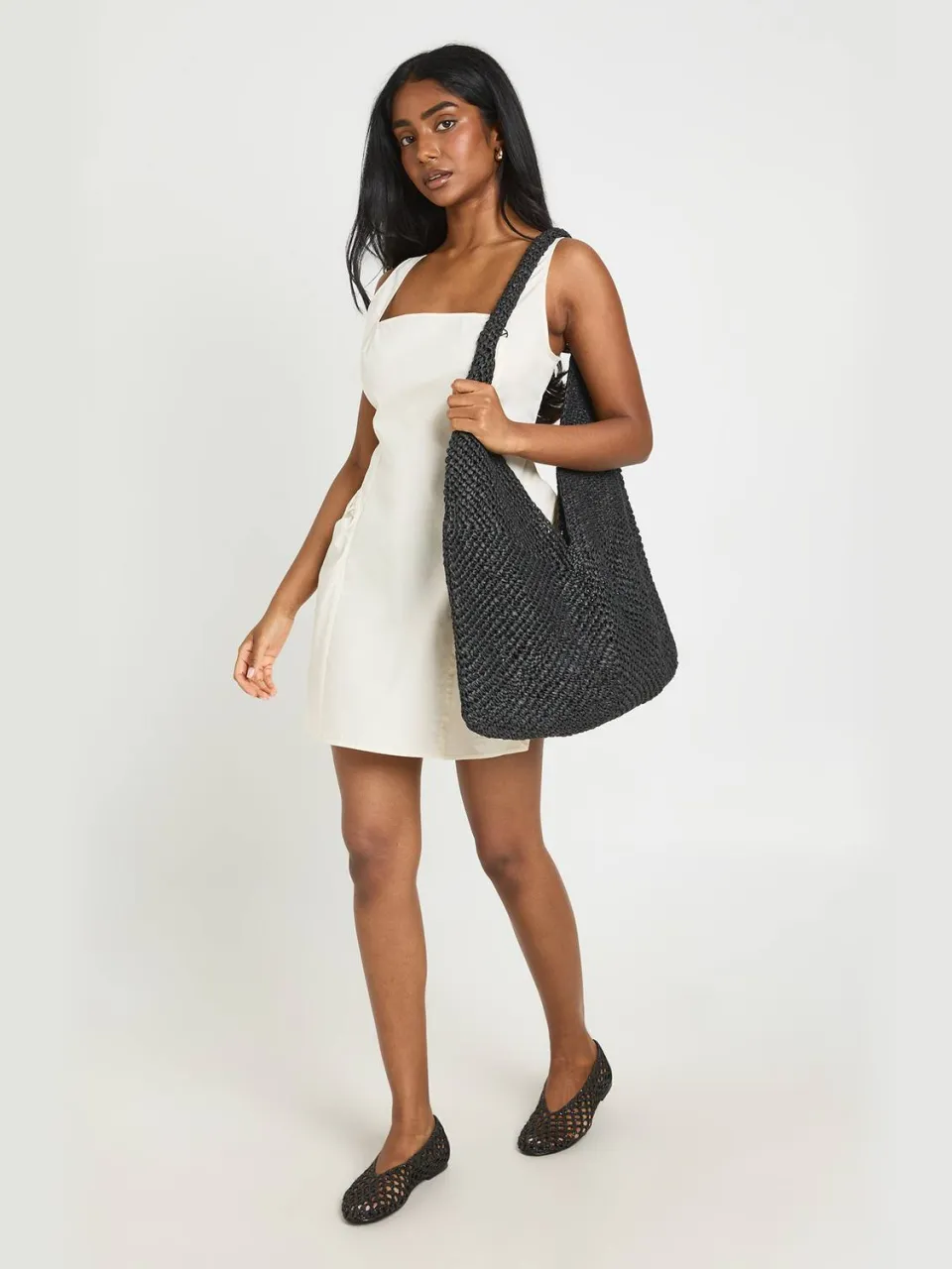 boohoo Dames Mini Jurk Met Vierkante Hals En Wijde Rok In Poplin ivoor, foto 3