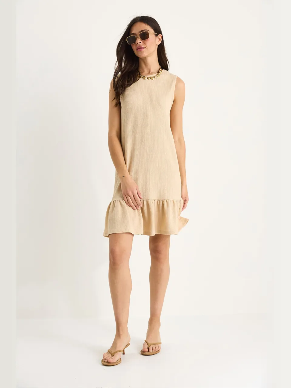 Bianco Lucci Geweven Crepe Midi Jurk met Rimpeldetail beige, foto 2