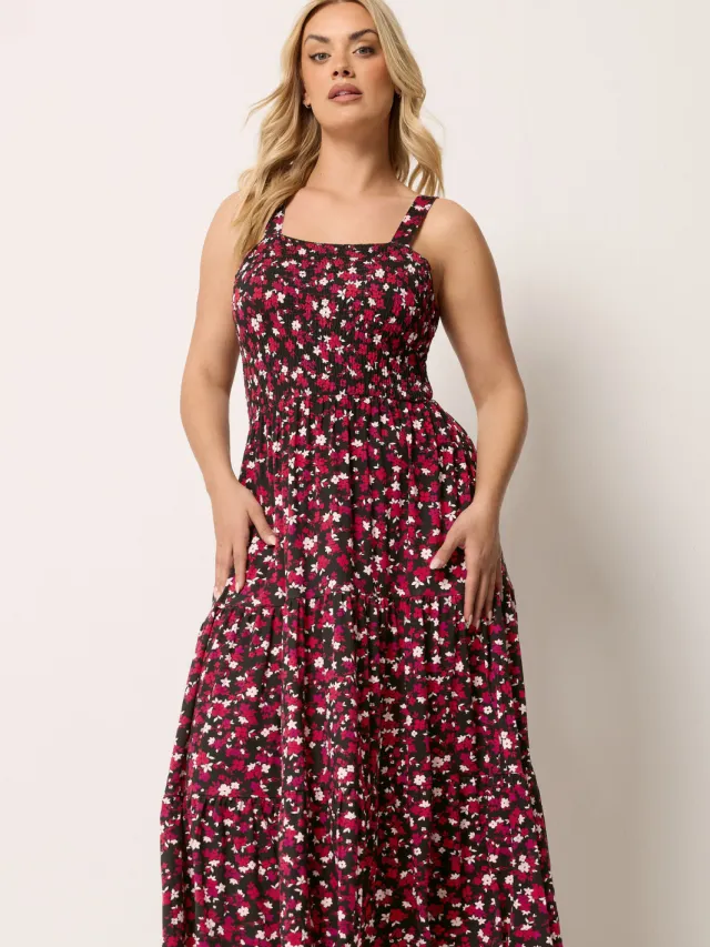 Yours Zwarte Jurk Met Bloemenprint En Smockwerk Black