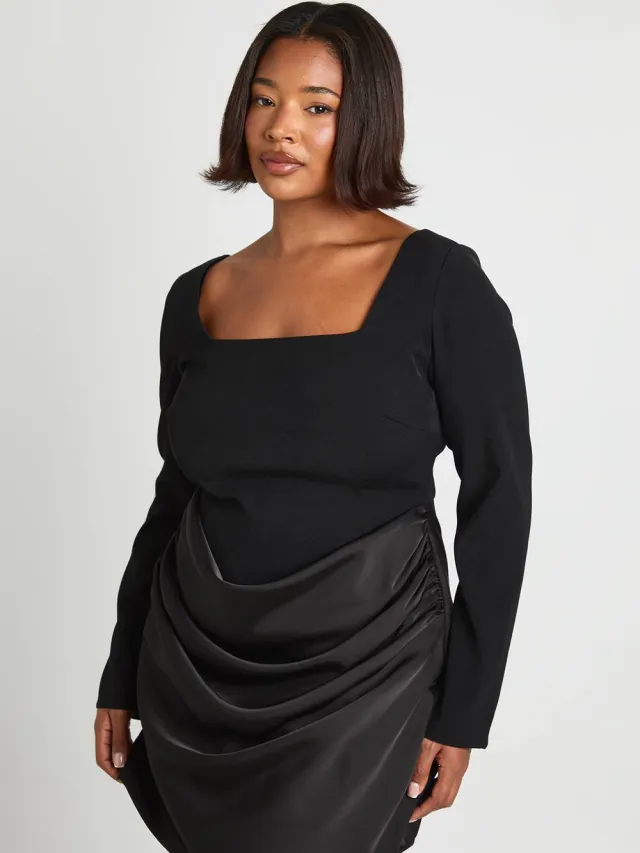boohoo Dames Plus Satijn Drape Lange Mouwen Mini Jurk Zwart