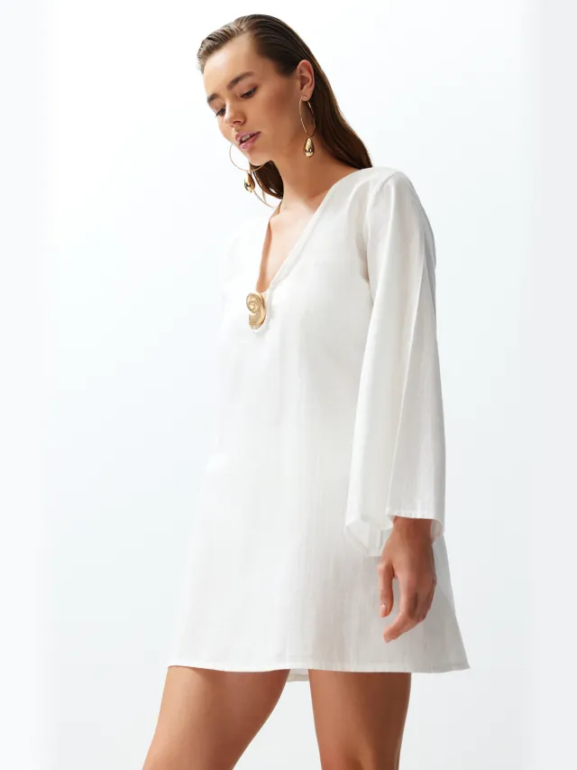 Trendyol TRENDYOLMİLLA Dames Wit Effen Extra Kort / Super Mini Lang Strandkleding A-lijn Strandjurken