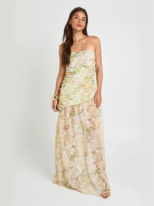 boohoo Dames Jacquard Bloemen Halternek Maxi Jurk Met Gerimpeld Detail Zachte Limoen