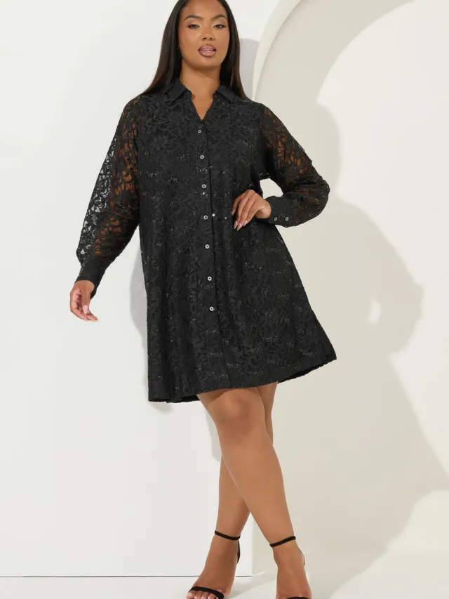 Yours Zwarte Kanten Overhemdjurk-56 Black