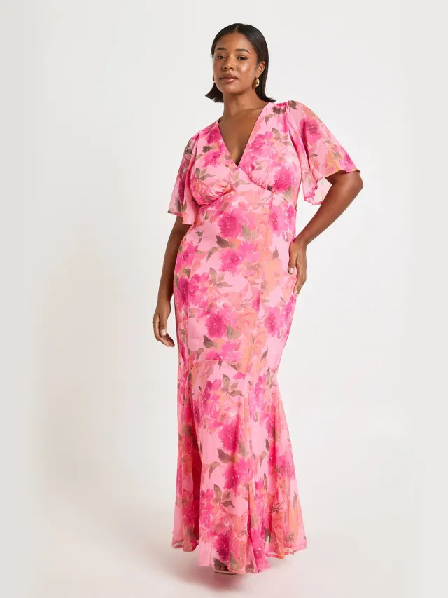 boohoo Dames Plus Bloemen Godet Zoom Maxi Jurk Roze