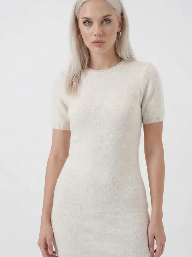 Big Dart Basis Mini Tricot Jurk Crème
