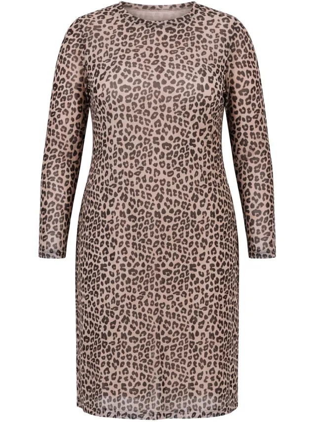 MIAMODA Dames - Meshjurk slim fit luipaardprint jersey onderjurk - Karamel