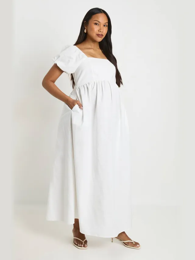 boohoo Dames Zwangerschaps Linnen Pofmouw Gesmockte Maxi Jurk Natural