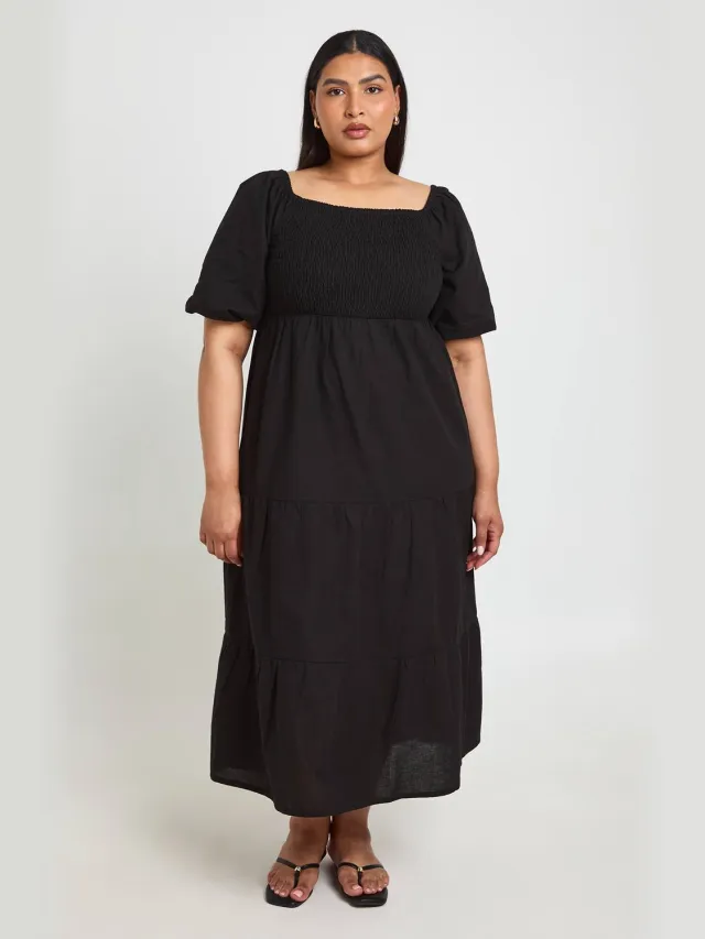 boohoo Dames Plus Linnen-look Jurk Met Volumemouwen En Gelaagde Midaxi Rok zwart